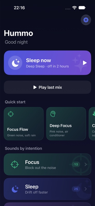 Hummo home screen with the Sleep now button and quick-start mixes