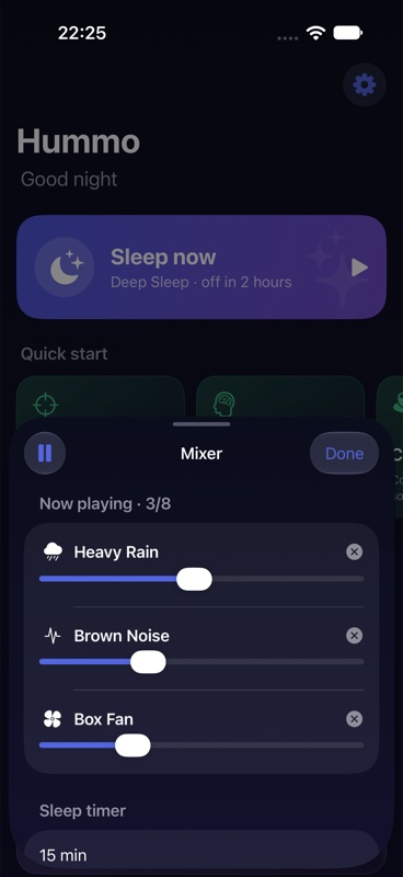 Hummo mixer with Heavy Rain, Brown Noise and Box Fan sliders and a sleep timer